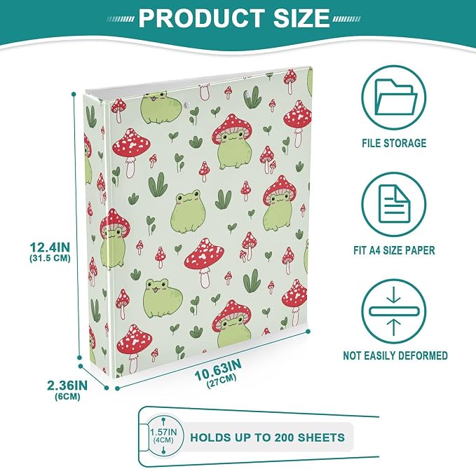 Cute Mushroom Frog Kawaii Frog Binder 1.5 Inch Binder with Clipboard&Pockets, Hardcover Binders 3 Ring, Heavy Duty Large File Folder for Office School Supplies - Holds 200 Sheets, 2 PC