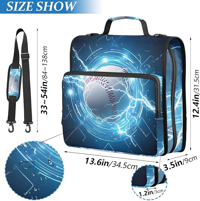 Baseball Lightning 3 Ring Binder Bag 1.5 inch Binder Organizer with Zipper Shoulder Strap 500 Sheet Documents Storage for School Office