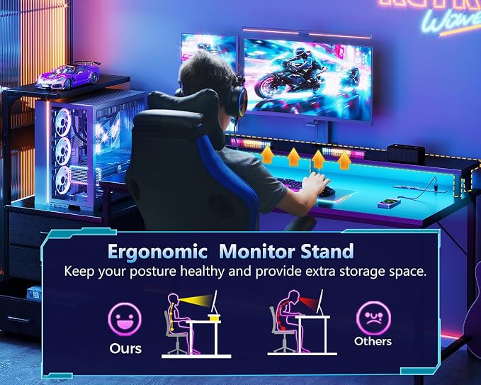 AODK 63 inch Gaming Desk with PC Display Stand, Reversible Steel Wood Computer Desk for Gaming Setup, Tiered Design to Show Off Your PC Tower & Accessories, Black