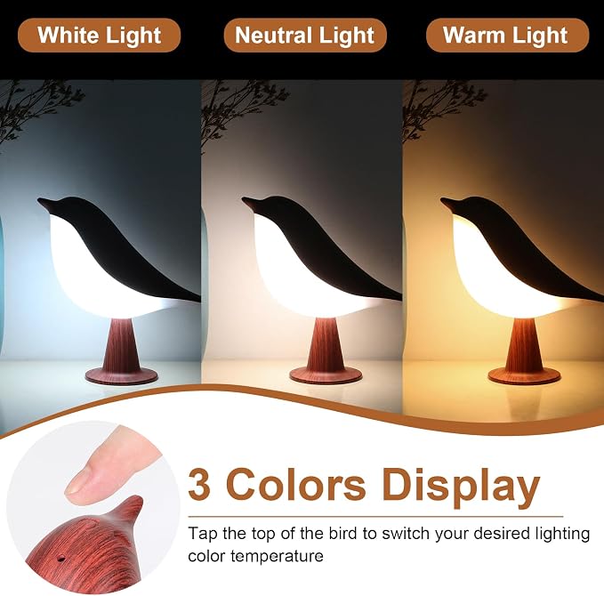 VoMii Bird Desk Lamp, Small Table Lamp Cordless Touch Dimmable Night Light with 3 Color Temperature, Rechargeable Decorative Lamps for Bedroom Bedside Nightstand, Desk Decor, Bird Gifts