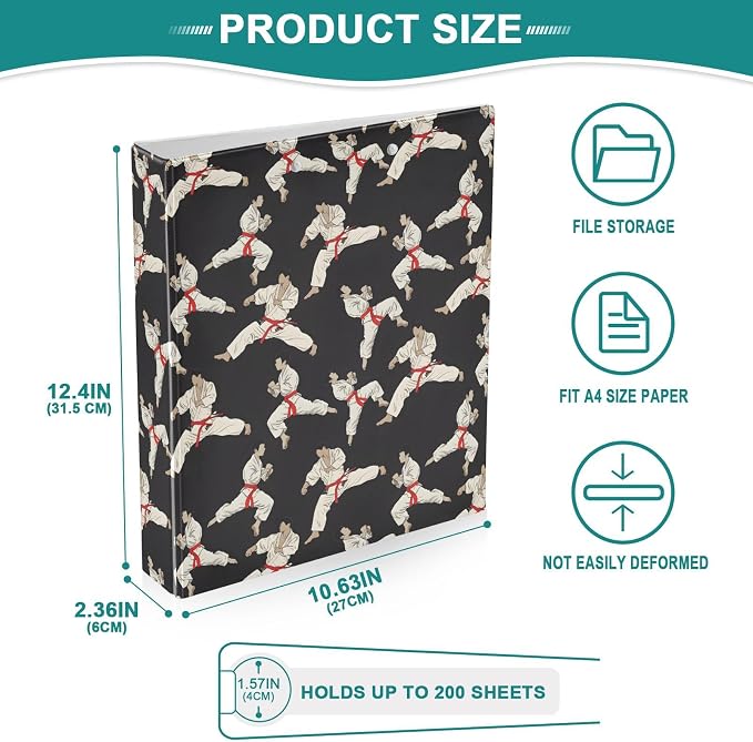 Karate Black Background 3 Ring Binder 1.5 Inch 1 Pack with 200 Sheet for Kids School Supplies Women Men Office