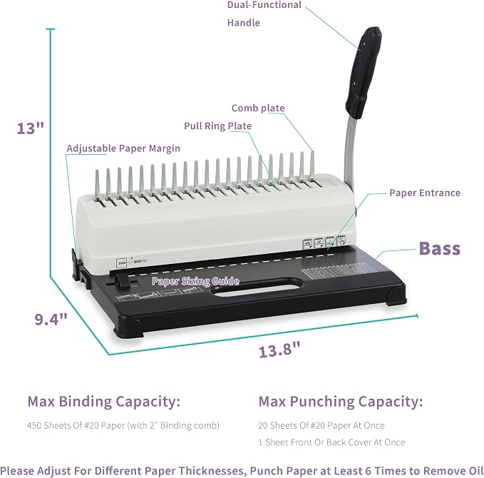 Binditek Binding Machine, Punch 12 Sheets, 450 Sheets, Adjustable Margin | Comb Binding Machine, 19-Hole, Punch 12 Sheet, 145 Sheets, with 100 Pcs 1/2" Comb Spines, for Letter Size, A5 or Smaller Size
