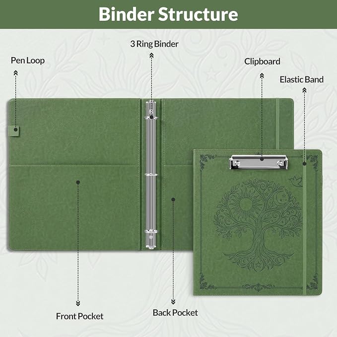 SKYDUE 1 Inch 3-Ring Binder with Clipboard, PU Binder with 5 Dividers, Notepad, Stickers & Pockets for Work and School - Aesthetic Binder (Letter Size)