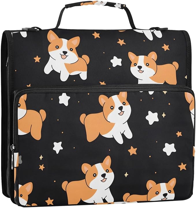 3 Ring Zipper Binder with Shoulder Strap Corgis Dog Star Black 1.5 inch Binders Keeper Large Capacity Multi Pockets for School Office Supplies