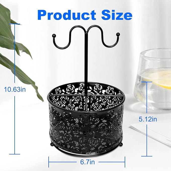 Pen Holder for Desk,360 Degree Rotating Pencil Holder Organizer | 4 Compartments,Large Capacity Pencil Holder for Desk,Metal Rust Prevention Pen Organizers(Pattern of Roses, With Hook)