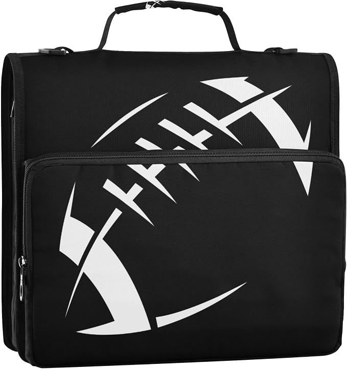 Fisyme American Football Black Zipper Binder 3 Ring with Zipper and Shoulder Strap Large Capacity Multi-Pocket Binder Organizer