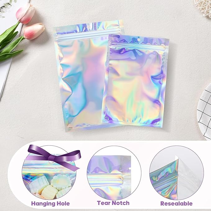 100Pcs Holographic Packaging Bags, 3.5x4.7 inch Resealable Foil Pouch Mylar Sample Bag Great for Small Business and Party