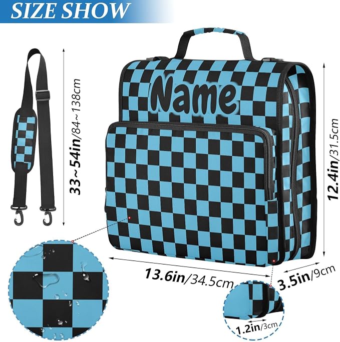Custom Black Blue Checkered Pattern 3 Ring Binder Bag 1.5 inch Personalized Name Binder Organizer 500 Sheet Documents Storage for School Office