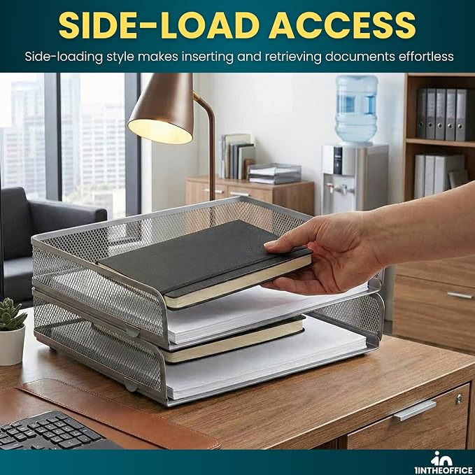 1InTheOffice Desk Tray, Letter Tray, Stackable, Side Load, Silver Mesh, 2 Pack