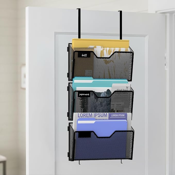 6 Pack Magnetic File Holder with Hooks and Labels, Black | Metal mesh magnetic folders attaches without drilling, keeping A4 and letter files accessible on cabinets or whiteboards