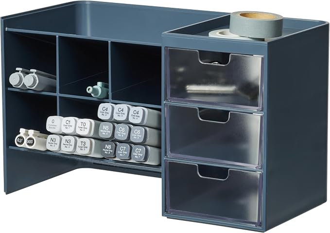 Blue Ginkgo Stackable Desk & Pen Organizer, Blue, Made in Korea | Multi-Compartment. 3 Drawers. Easy Access.