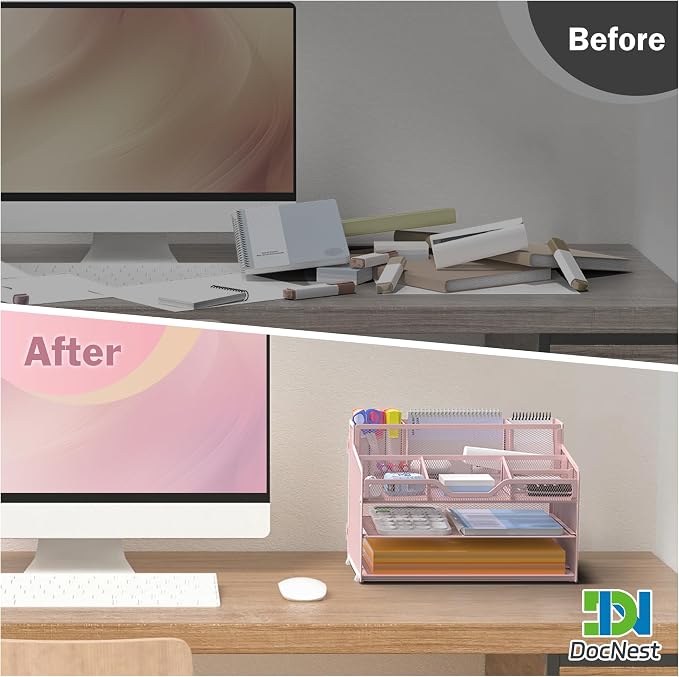 Docnest 3 Tier Mesh Desk Organizer with Letter Tray & Paper Sorter, Pink | Features 3 built-in pen holders & 5 adjustable compartments on top. Includes 4 non-slip rubber feet for desk protection