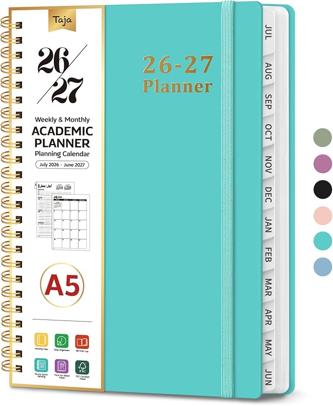 Taja Planner 2026-2027, 6.3" x 8.5" Calendar Planner, Jul 2026-Jun 2027 | A5 Hardcover Weekly & Monthly Academic Year Planner, Large Planning Agenda With Tabs, School & Office Supplies, Aquamarine