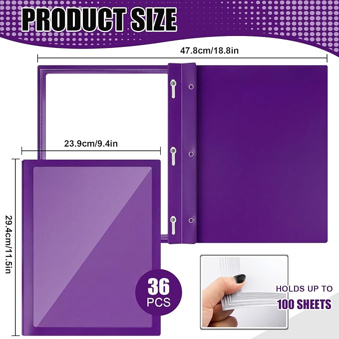 Teling 36 Pcs Report Covers with 3 Prong Fasteners Clear Front Presentation Folders Frame View Poly Report Folder Presentation Binder for Paper Document School Office (Dark Purple)