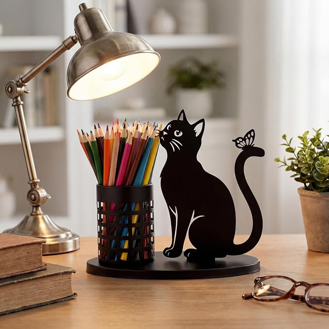 Tandefio Cat Pen Holder for Desk Cute Black Pencil Holder Metal Desk Accessories Organizer Makeup Brush Pen Cups for Back to School Stationery Office Home Decor Table Centerpiece Lover Gifts Women