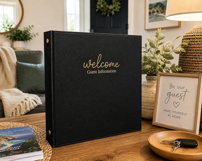 Paper 'n Such Welcome Binder for Short Term Rentals – Black Faux Leather 3 Ring Folder for Airbnb, Vacation Home, House Manual & Guest Information - Letter Size