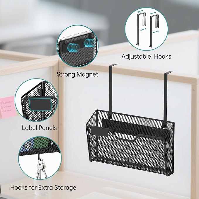 3 Pack Magnetic File Holder with Hooks and Labels, Black | Metal mesh magnetic folders attaches without drilling, keeping A4 and letter files accessible on cabinets or whiteboards