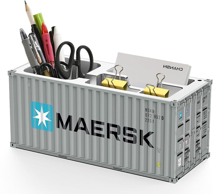 Desk Organizer, Pen Pencil Holder, Business Name Cards Holder, Shipping Container Model Storage Box, Secret Storage Box with Multiple Compartments Office Supplies Multi-function (MAERSK)