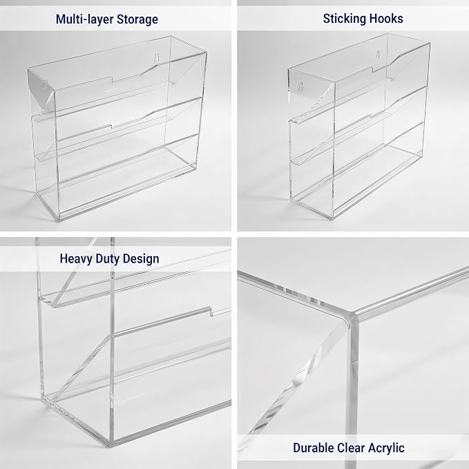 Hanging Wall File Organizer with 4 Pocket Tier - Acrylic Vertical Mail File Folder Holder Wall Mount Mail Magazine Rack with Bottom Tray for Office Home Countertop, Clear