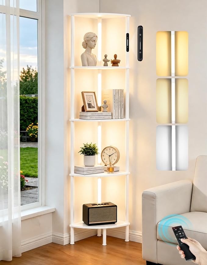 5-Tier Corner Bookshelf with LED Lights, Touch & Remote Control, 3 Color Temperatures, Dimmable Narrow Display Shelf with 1-Hour Timer for Living Room, Bedroom, Office(White)