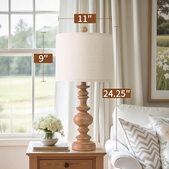 BOBOMOMO 24" Farmhouse Table Lamps Set of 2 – Rustic Light Brown Resin Bedside Lamps with Linen Shades, Medium Size Nightstand Lamps for Bedroom, Living Room, and Entryway, Ideal for Warm, Cozy Spaces
