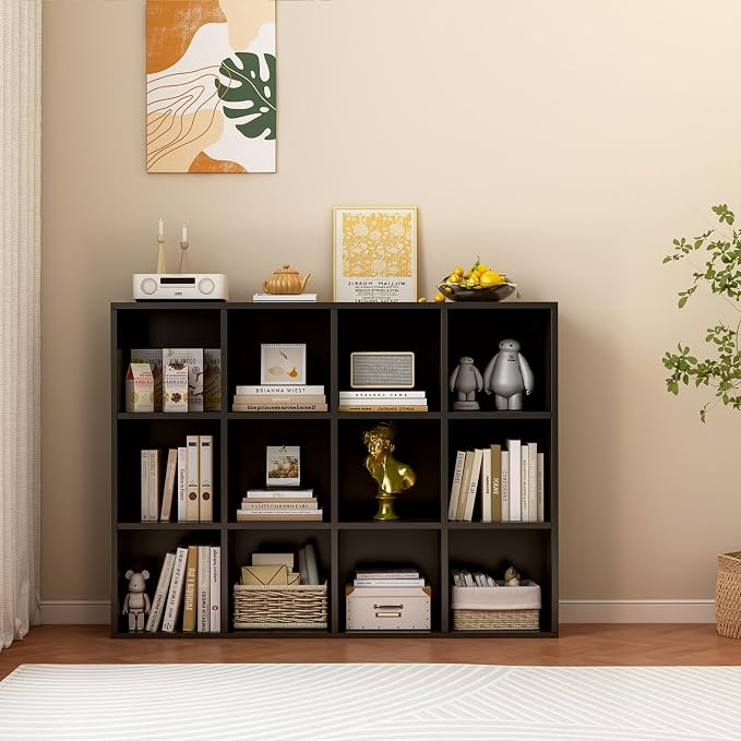 12-Cube Storage Shelf Bookcase, Black | Wooden 3-Tier Open Bookshelf, Fits 11×11" Bins, Vertical or Horizontal Use, Full Back Panels, For Home Office