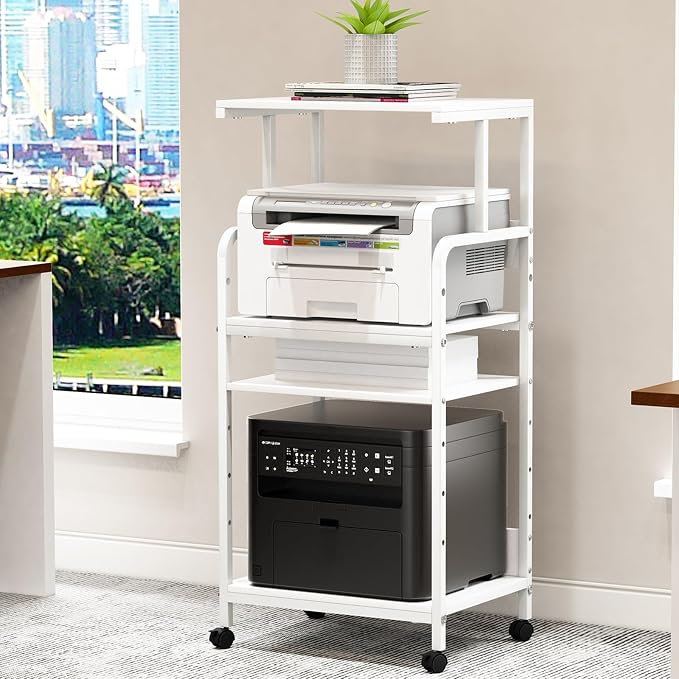 Arbuxzuy 4-Tier Printer Stand with Storage Shelf, Mobile Printer Table for Home Office, Adjustable Stand for Printer, Scanner, Fax (White)