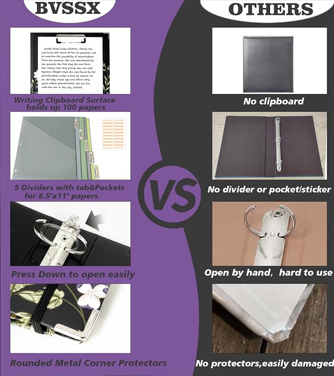 3 Ring Binder 2 Inch for 8.5"x11" Paper, Three Ring Binders with Clipboard, 5 Dividers with Tabs and Pockets, Plastic Folder, 18 Divider Stikers,Decorative Black Binder with Pen Holder,Weeds