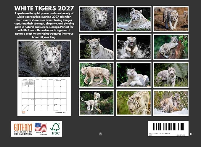 White Tiger Calendar 2027 Monthly Wall Calender 12 Month