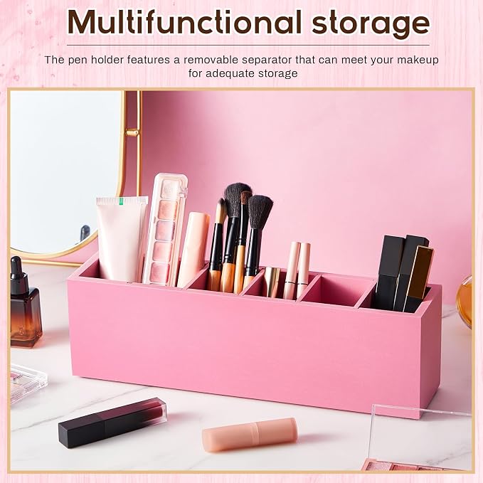 Jetec Wooden Pencil Pen Holder for Desk 6 Compartments Cosmetic Makeup Brush Stationery Office Desktop Organizers for Countertop Adjustable Silverware Caddy for Party, Art Supplies,Home(Pink)