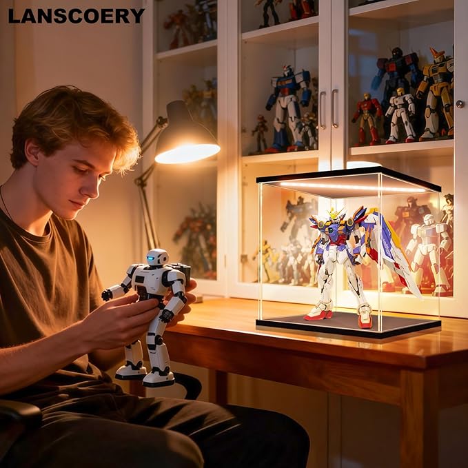 LANSCOERY Acrylic Display Case for Collectibles, 2-Tier LED Light, Black | 3mm clear acrylic panels with front door access and tri-color top light for small figures on a desk or shelf.