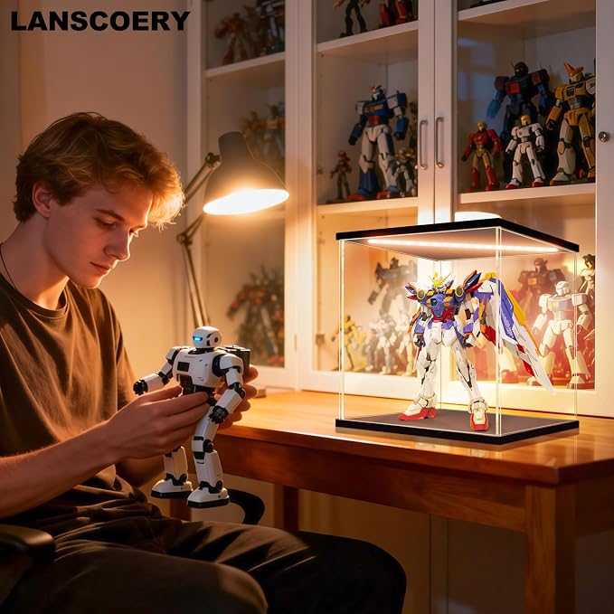 LANSCOERY Acrylic Display Case for Collectibles, 4-Tier LED Light, Black | 3mm clear acrylic panels with front door access and tri-color top light for small figures on a desk or shelf.
