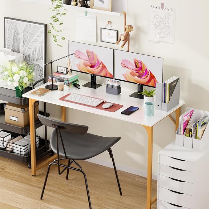 PayLessHere | 47 Inch Computer Desk | White Gold | Sturdy Office Desk | Metal Frame, Adjustable Feet | Water-Resistant, Scratchproof Surface | Writing Table for Home Office or Study | Pack of 1