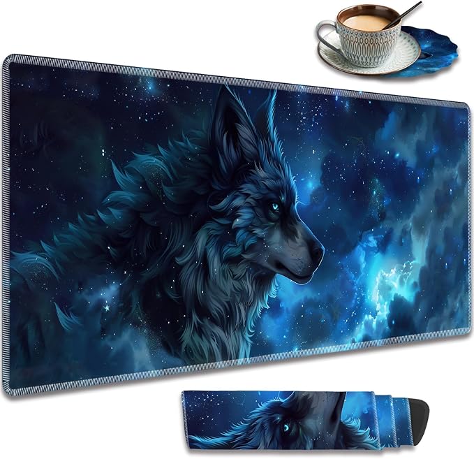Extended Gaming Mouse Pad 31.5" x 11.8", with Edge Stitching, Non-Slip Rubber Base Keyboard Pad, Suitable for Work, Game, Office, Home and Coasters, Starry Sky Wolf