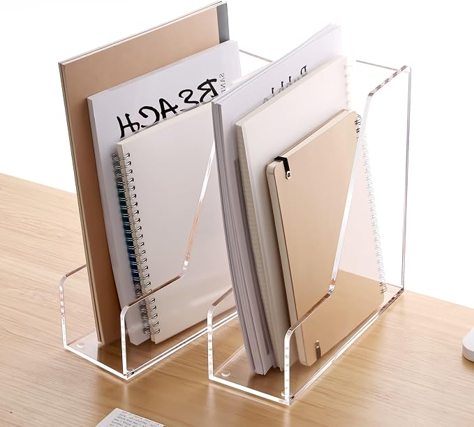 YUXUN 4-Pack Vertical File Holder for Desk, Acrylic Magazine Holder,Clear | Clear Binder Organizer Document Rack with Non-Slip Pads, Desktop Storage for Office, Home & School Lockers