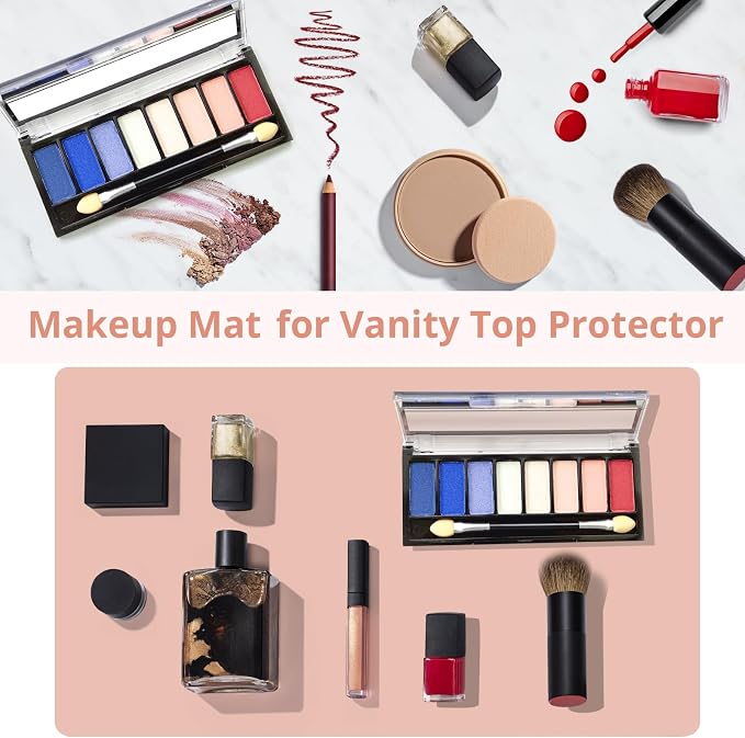LovePads Makeup Mat for Vanity, 16" x 36" PVC Desk Mat & Dresser Cover Top | Waterproof Desk Protector, Vanity and Desk Accessories; Wipes Clean, Ideal for Writing, Nail Art, Craft Table, Pink+Silver