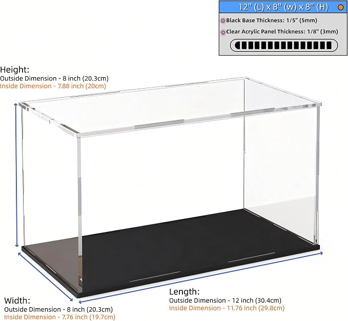 Acrylic Display Case, Clear Acrylic Display Box with Matte Base, Dustproof Collectible Storage Cases, DIY Easy Assembly Showcase for Figures, Models, Collectibles, 12 x 8 x 8 inch