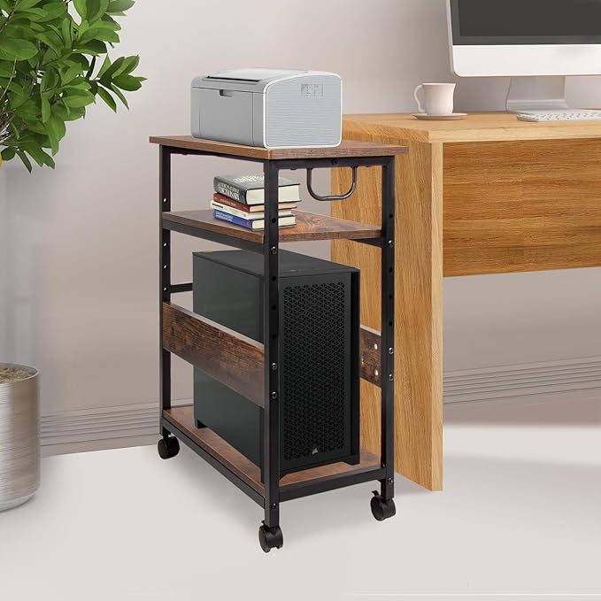 TooCust Computer Tower Stand, Computer & Machine Carts, Computers Towers Floor Stand, PC Towers Shelf, 3-Tier PC Tower Floor Stand with Side Shelf, Mobile Rolling CPU Holder Cart for Home Office
