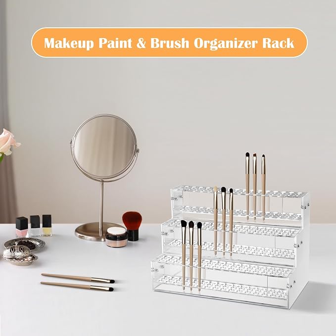 Makeup Paint & Brush Organizer Rack Pen Display Stand, Multi-Level Plastic Organization Rack Pencil Holder, Clear Pen Display Holder 3 Layer 144 Holes for Craft Shows