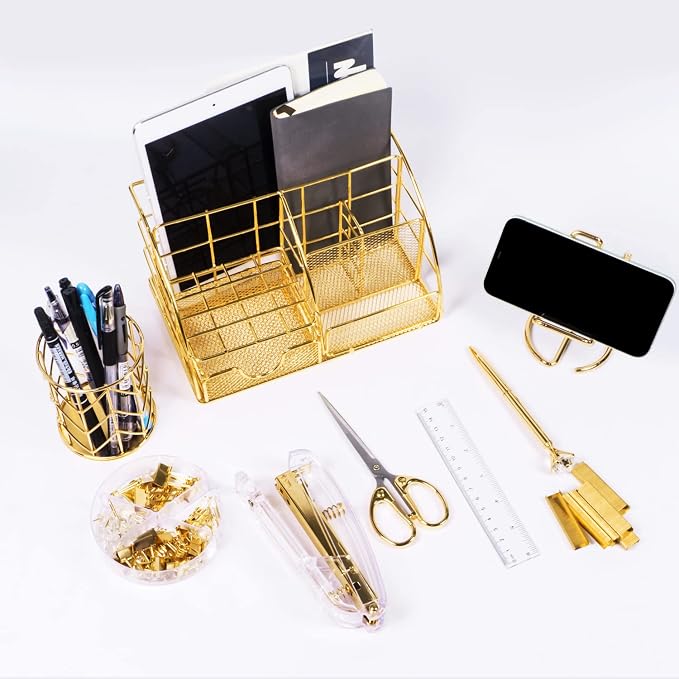 KAAKOW Gold Desk Organizers and Accessories Office Supplies Set Stapler, Pen Holder, Phone Holder, Scissors, Pen, Ruler, 30 Paper Clips, 22 Binder Clip, 20 Tacks and 1000pcs Staples (Gold)