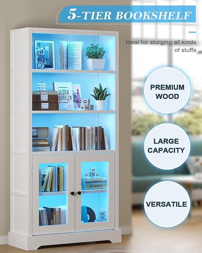 TVU 5-Tier Bookshelf, 65" Bookshelf with Multi-Color Ambient Lights (APP Remote Control), Tall Vertical Display Shelf with Cabinet Doors, Suitable for Living Room, Bedroom, Study, Office, White