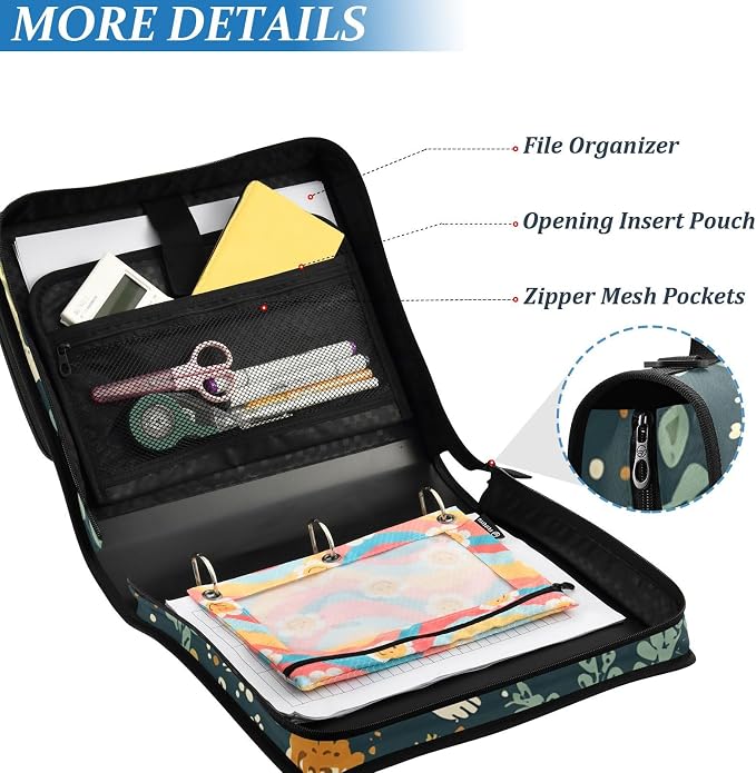 3 Ring Zipper Binder with Shoulder Strap Jack Russell Meadow Pattern 1.5 inch Binders Keeper Large Capacity Multi Pockets for School Office Supplies
