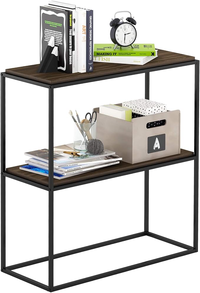 Furinno Moretti 2-Tier Metal Frame Storage Shelves, Columbia Walnut | Easy Assembly, Stackable, Rectangular, Book Shelf, Display Shelf, for Organization, Living Room, Garage, Home Office