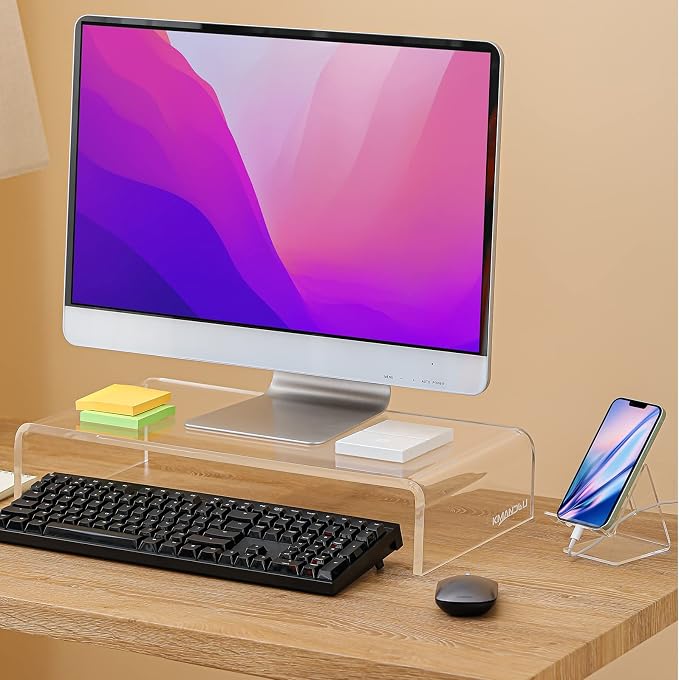 20"x10"x4" Acrylic Monitor Stand, Clear Laptop Riser with Bonus Phone Stand | Extra-Wide Clear Premium Acrylic Computer Stand, Monitor Riser & Ergonomic Desk Organizer Shelf for Office, Home, Printer, TV
