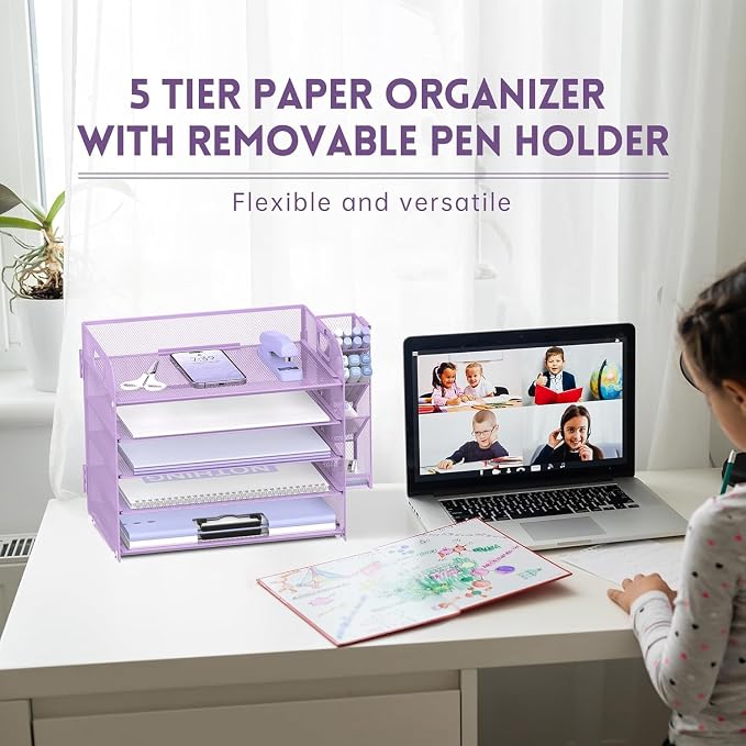 5-Tier Paper Organizer for Desk with Pen Holders, Letter Trays, Purple | Metal Mesh Desktop File Organizer with Removable Trays and 2 Handles for Paper, Files, Mail, Folders in Office Home or School