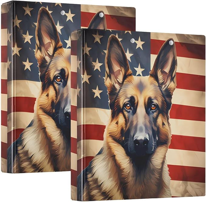 3 Ring Binder, American Flag German Shepherd Dog File Folder Holds 200 Sheets File Storage for Women Men School Office Supplie