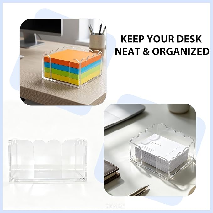 Pack of 6 Scalloped Acrylic Sticky Note Holder 3x3 Inch for Home Dorm | Clear Wave Design Post It Note Dispenser, Thick Acrylic Notepad Desk Organizer for Office Home Dorm Classroom