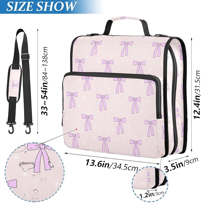 Aslsiy Zipper Binder Bag for Girls Boys Lovely Bows Star Pink Kids 2 inch 3-Ring Binder Organizer with Shoulder Strap for School Office Supplies