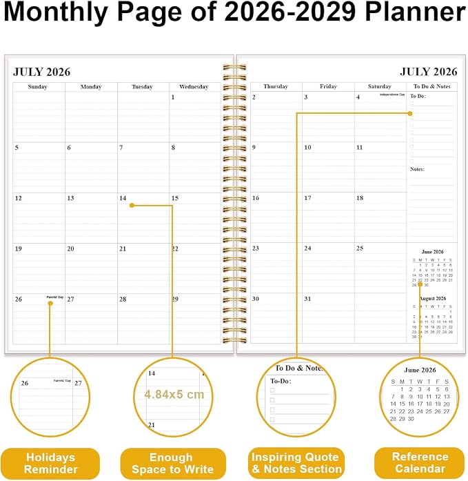 2026-2029 Monthly Planner - 36 Month PLanner Calendar from July 2026 to June 2029, 3 Year Planner 2026-2029 with Flexible Cover, Inner Pocket, Perfect for Home | School | Office, 8.5" x 11", White Gold Flower