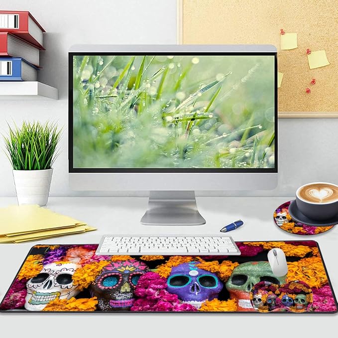 Extended Gaming Mouse Pad Desk Pad Keyboard Pad, Mouse Wrist Rest and Coaster, Anti-Slip Rubber Base Mouse Pad, Suitable for Gaming and Office, Candy Skull
